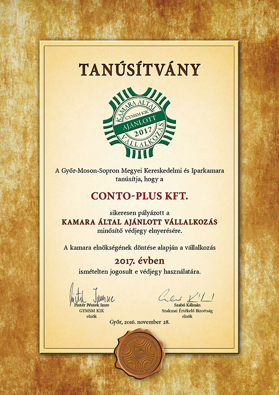 CONTO-PLUS Kft. - Tanúsítvány